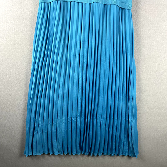 Avara Mixed Media Pleated Midi Dress Womens XL Blue Mock Neck Knit Satin Chic - Picture 4 of 15